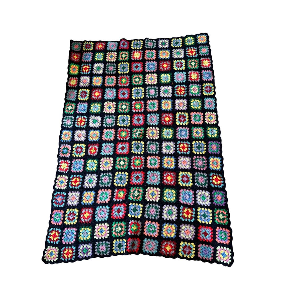 Vtg Afghan Crochet Granny Square Blanket Handmade Throw Black Multicolor 55x39.5